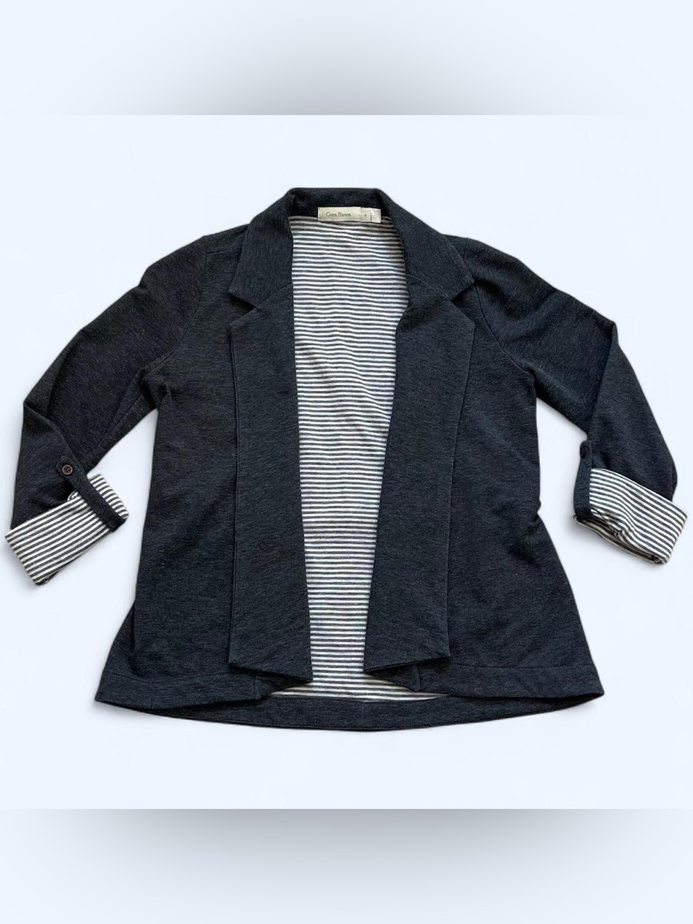 Costa Blanca Size 6 Small Gray White Striped Roll Tab Long Sleeve Blazer Jacket